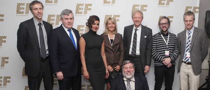 Former British Prime Minister Gordon Brown (second from left), Priyanka Chopra (third from left), Apple co-founder Steve Wozniak (kneeling) and members of the Hult family attended Boston's 50th celebration of EF Education First.