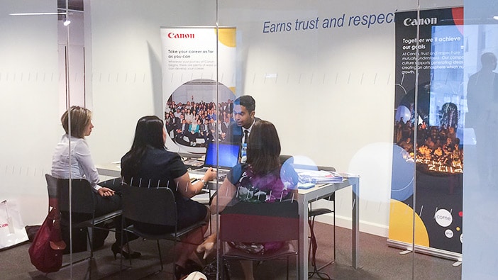 Hult Dubai students interviewing at Canon in Dubai during the Career Open House.