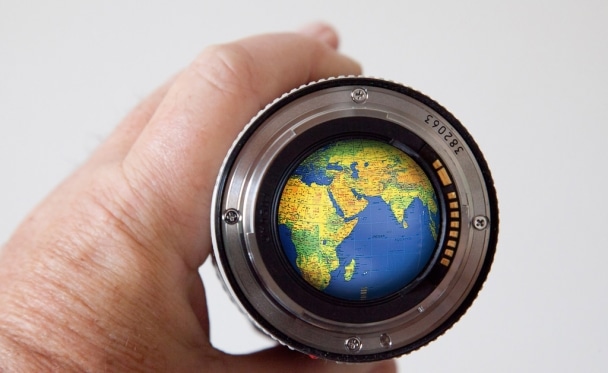 camera lens with world photo